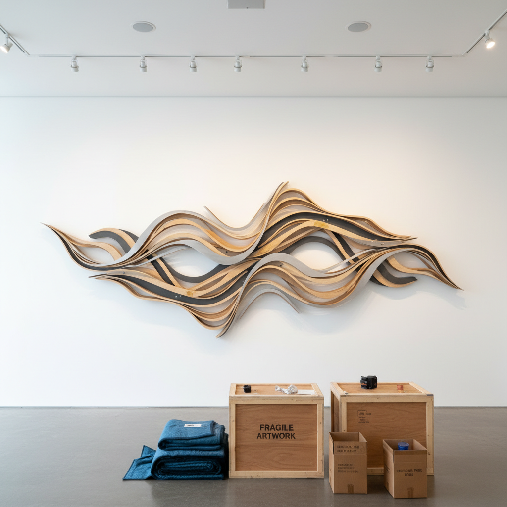 A spacious gallery-like interior with a freshly installed large-scale wall artwork composed of layered, laser-cut plywood and painted aluminum elements arranged in a flowing, organic pattern. The piece is mounted perfectly level on a pristine white wall, with discrete mounting hardware barely visible. On the floor below, padded moving blankets, custom-built shipping crates, and labeled cartons are neatly stacked, hinting at a just-completed installation. Adjustable track lights on the ceiling cast controlled, warm white beams that create subtle shadows between the layers, enhancing depth and dimensionality. Photographed from an eye-level, wide-angle perspective with sharp focus throughout, the scene feels polished and professional. The atmosphere is calm and confident, showcasing expert installation and careful handling in a clean, modern, photographic aesthetic aligned with contemporary art spaces.