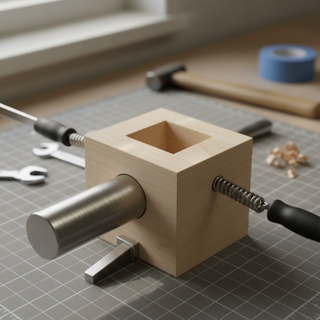 A close-up, photographic view of a finely crafted sculptural joint where a brushed stainless steel rod intersects seamlessly with a precisely routed piece of pale maple wood. The metal surface shows delicate linear grain and soft reflections, while the wood reveals tight, clean edges and a satin finish, with faint visible growth rings. The joint is clamped on a worktable covered in a neutral grey cutting mat, with faint measurement grid lines visible beneath. Side lighting from a narrow window creates elegant, directional highlights and crisp but subtle shadows that accentuate craftsmanship and tolerance accuracy. The composition uses a tight, centered frame with shallow depth of field so the background fades into soft bokeh of indistinct tools and materials. The mood is calm, meticulous, and highly professional, emphasizing quality fabrication detail in a contemporary, realistic photographic style.
