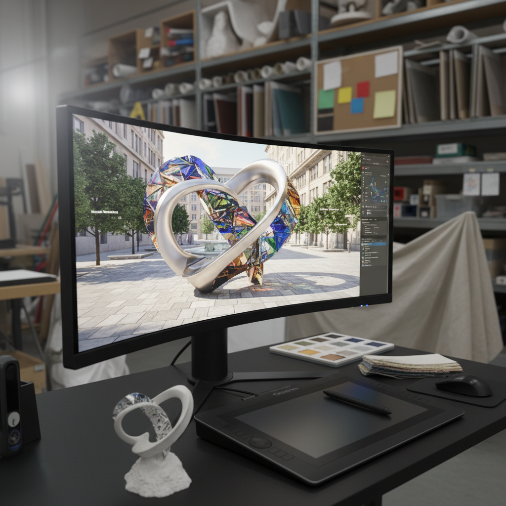 A sleek computer workstation in an art fabrication studio, featuring a large ultra-wide monitor displaying a high-resolution 3D visualization of a public art sculpture in vivid color. The screen shows a detailed render of a complex metal and glass structure situated in an urban plaza, complete with lighting simulations and material callouts. The matte black desk holds a graphics tablet, color swatches, and a small 3D-printed maquette of the artwork with a slightly rough texture. Soft studio lighting from one side creates gentle highlights on the monitor’s edge and subtle reflections on the tablet surface, while the background falls into a soft blur of shelving and samples. Shot from an eye-level, three-quarter angle with a shallow depth of field, the photographic realism conveys precision, planning, and accessible, professional visualization services.