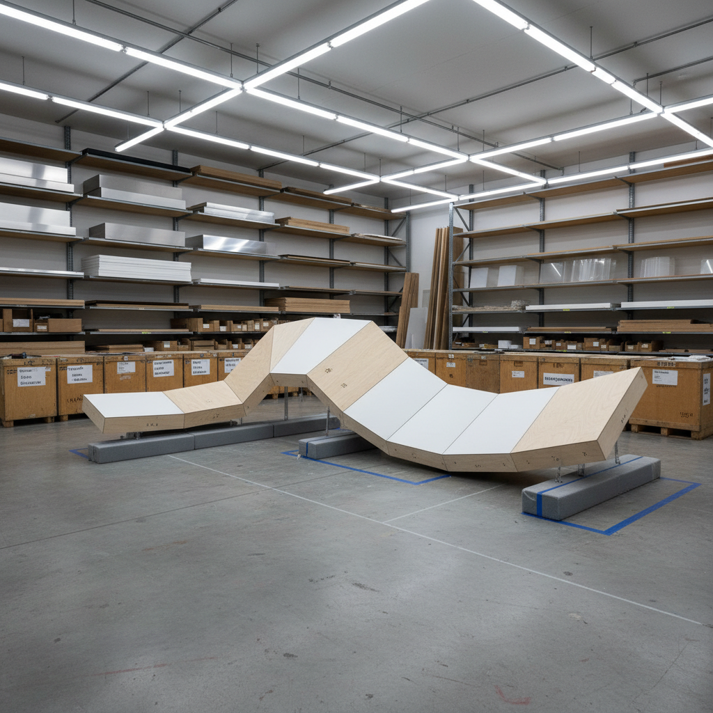A large, minimalist workshop floor featuring a nearly completed sculptural installation: interlocking geometric panels made from matte white fiberglass and pale birch plywood, assembled into a sweeping, wave-like form. The sculpture rests on protective foam blocks, with tape marks and chalk measurements visible on the polished concrete floor. In the background, tall racks hold neatly stacked sheets of metal, wood, and acrylic, plus labeled crates for future installations. Overhead industrial LEDs provide even, cool white light that highlights crisp edges and smooth surfaces, casting soft, controlled shadows. Captured from a slightly elevated wide-angle perspective to show the full scale of the piece and the efficiency of the workspace. The photographic style is clean and professional, emphasizing precision, scale, and the capability to handle complex creative projects.
