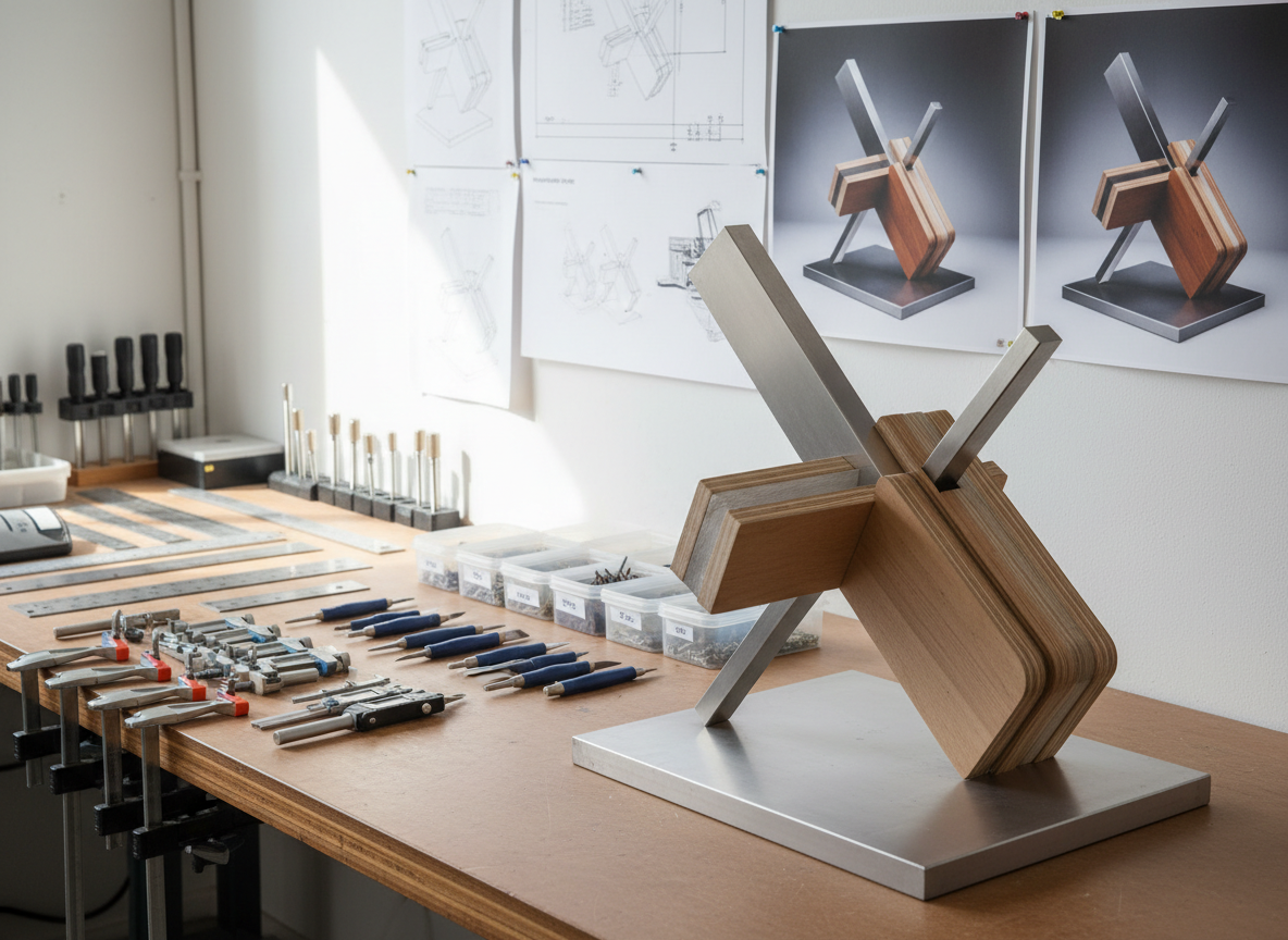 A meticulously organized art fabrication studio bench covered with neatly arranged tools: steel rulers, calipers, clamps, precision knives, and small labeled containers of hardware. In the center stands a partially assembled abstract sculpture armature made of brushed aluminum rods and plywood forms, with smooth, sanded edges. The bench sits against a clean white wall with pinned technical drawings and printed 3D visualizations of the final artwork. Soft, diffused daylight enters from an unseen window, creating gentle reflections on metal surfaces and subtle shadows across the plans. Photographed at eye level with a slight three-quarter angle, sharp focus in the foreground and a mild blur in the background. The mood is professional, focused, and orderly, with photographic realism and a clean, modern aesthetic that highlights affordable, precise art fabrication.